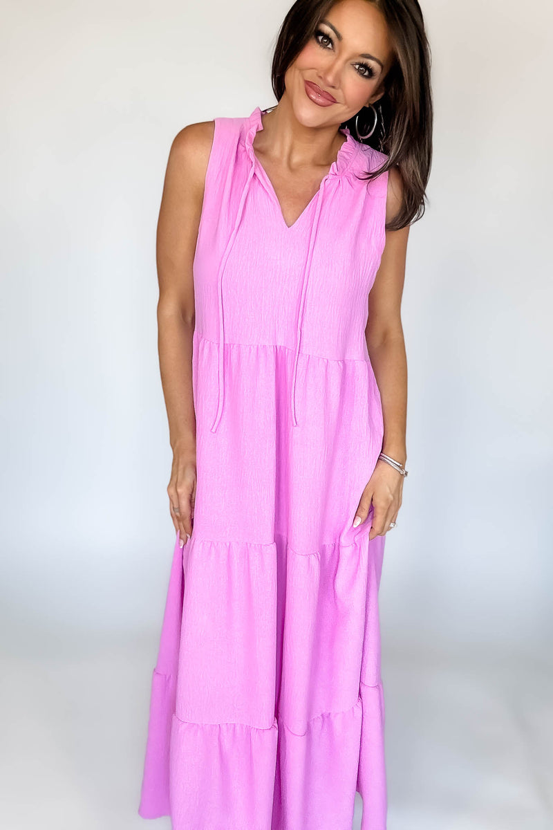 Solid Ruffled Neckline Pink Maxi Dress