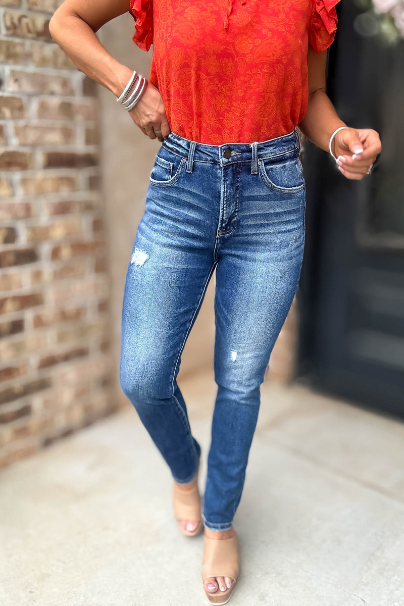 Risen Tummy Control High Rise Ankle Skinny Jeans