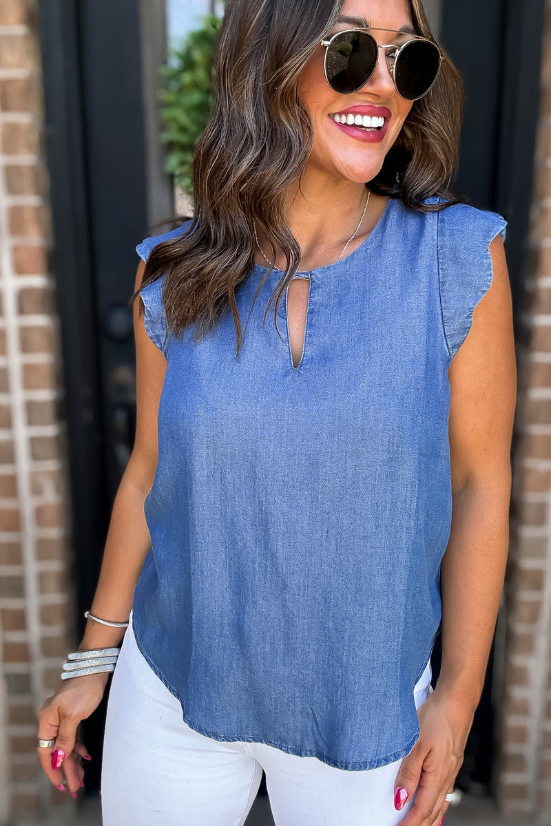 Scallop Cutout Keyhole Denim Top
