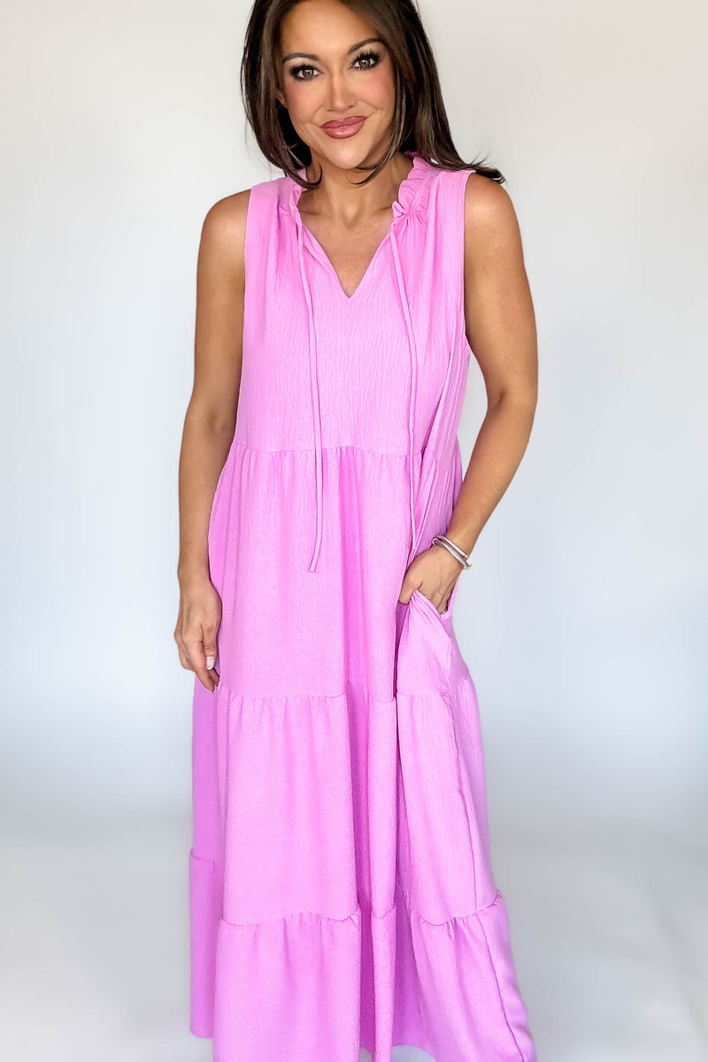 Solid Ruffled Neckline Pink Maxi Dress