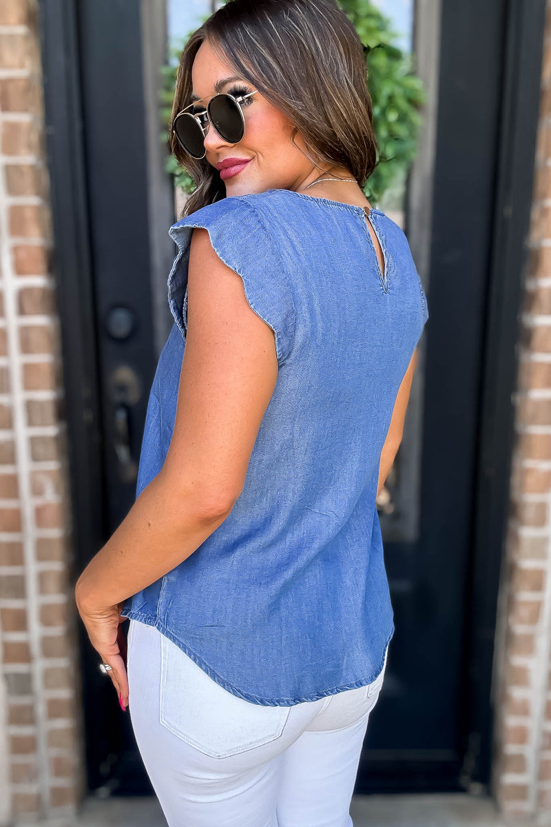 Scallop Cutout Keyhole Denim Top