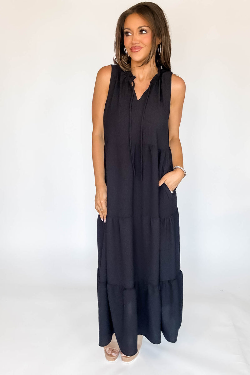 Solid Ruffled Neckline Black Maxi Dress