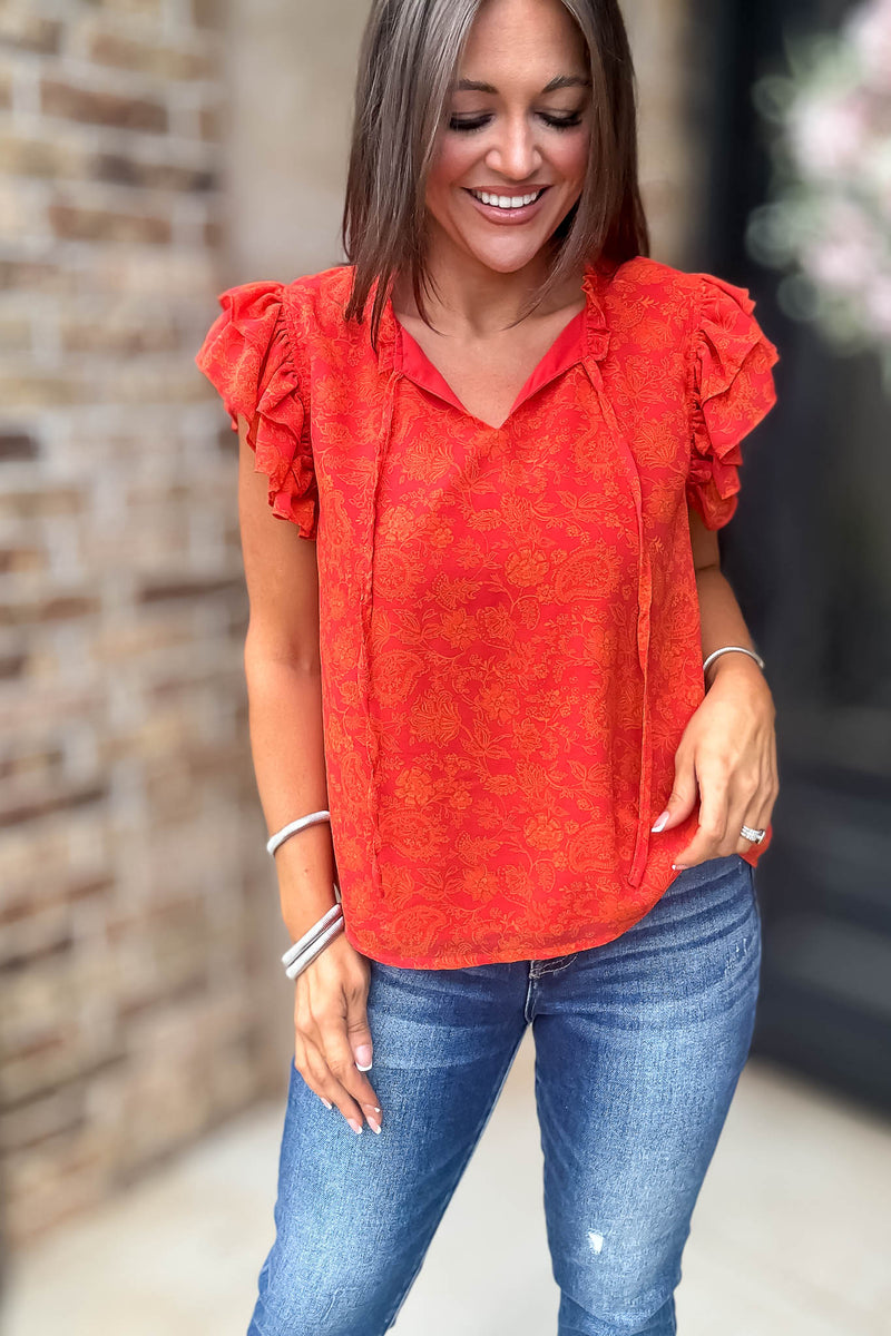 Floral Print Ruffle Sleeve V Neck Blouse Top