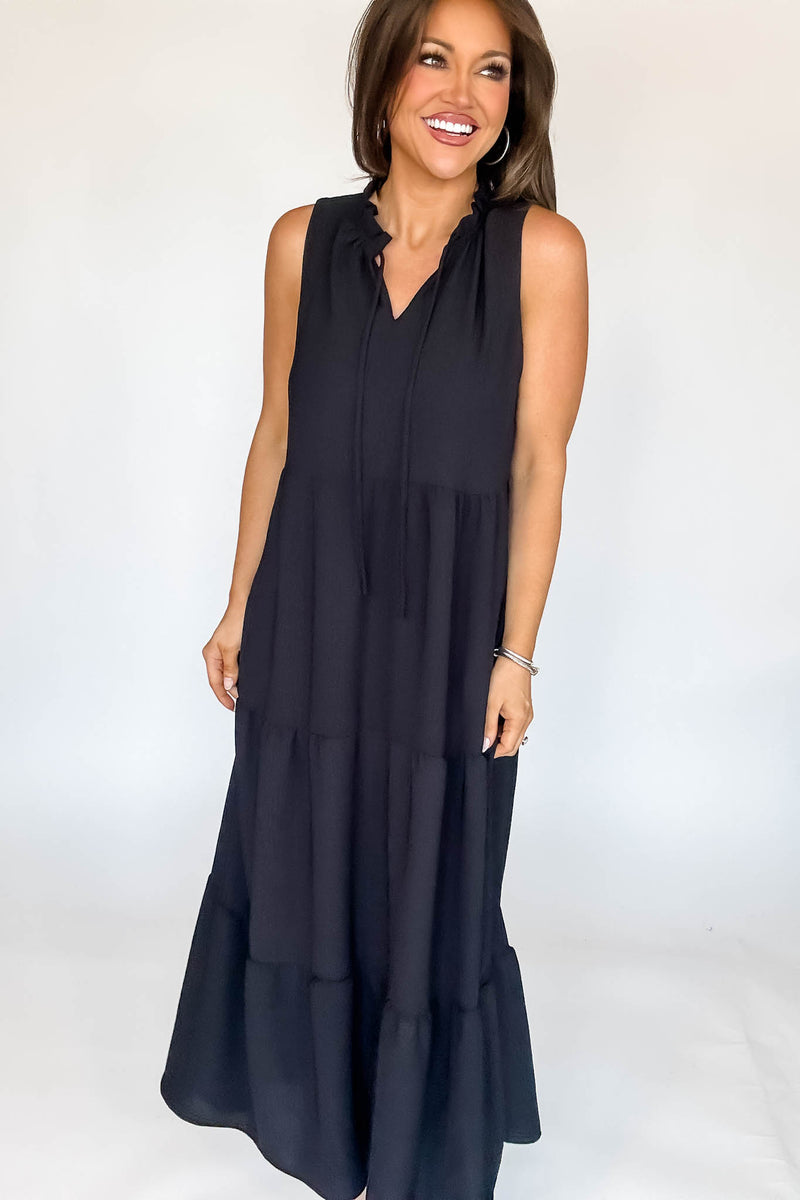 Solid Ruffled Neckline Black Maxi Dress