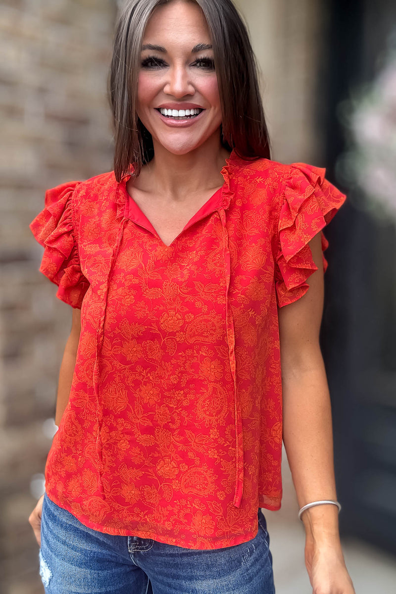 Floral Print Ruffle Sleeve V Neck Blouse Top