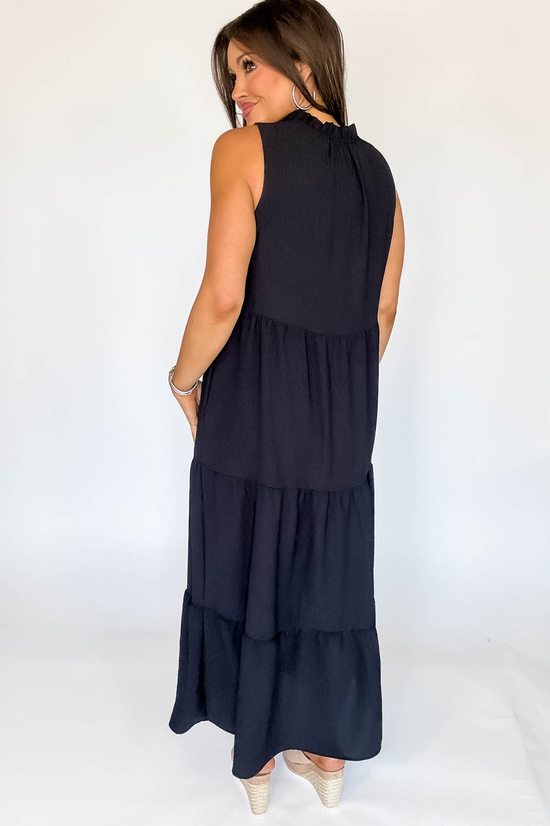 Solid Ruffled Neckline Black Maxi Dress