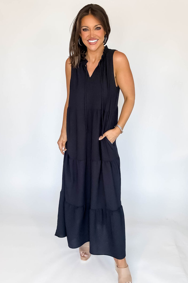 Solid Ruffled Neckline Black Maxi Dress