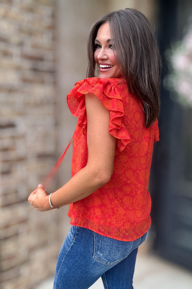 Floral Print Ruffle Sleeve V Neck Blouse Top