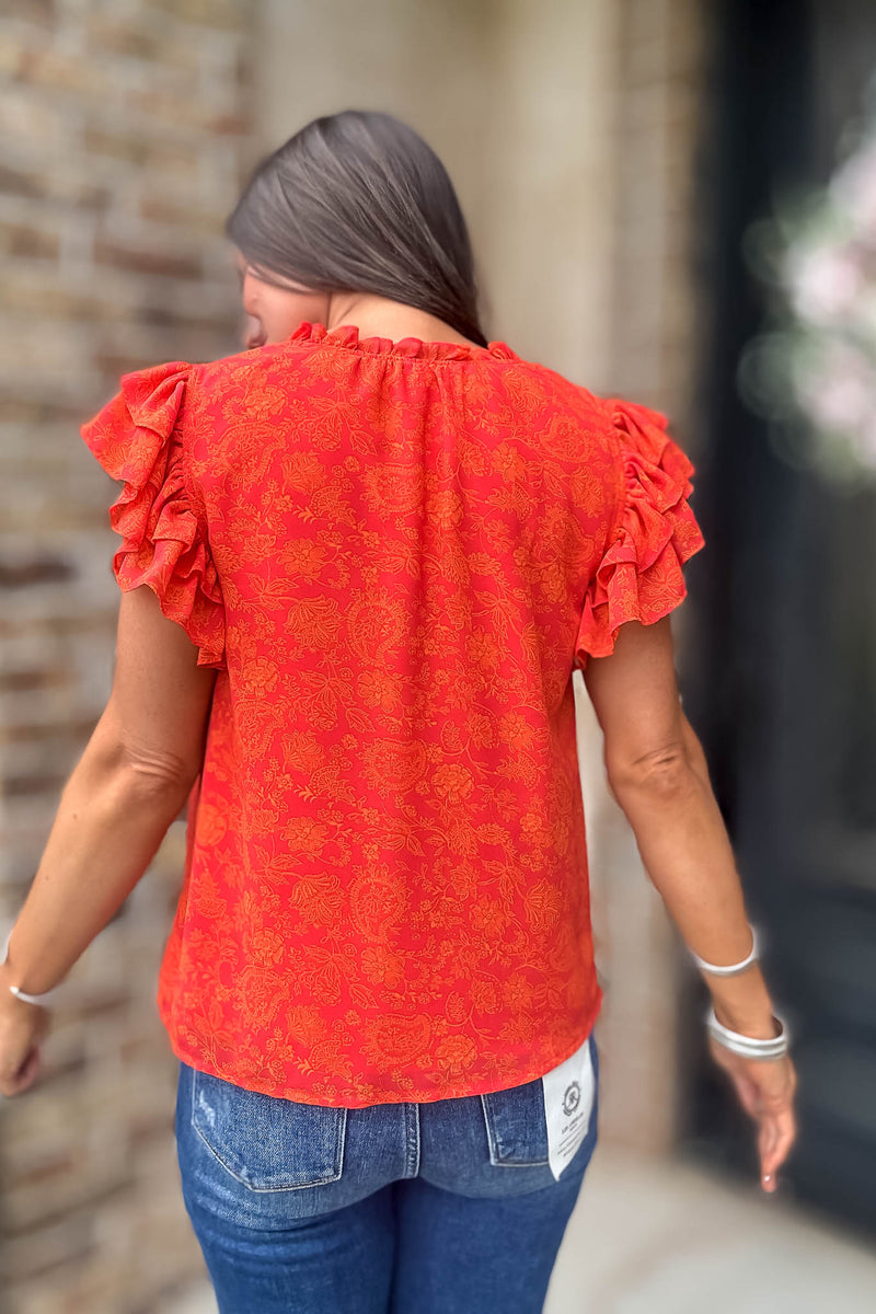 Floral Print Ruffle Sleeve V Neck Blouse Top