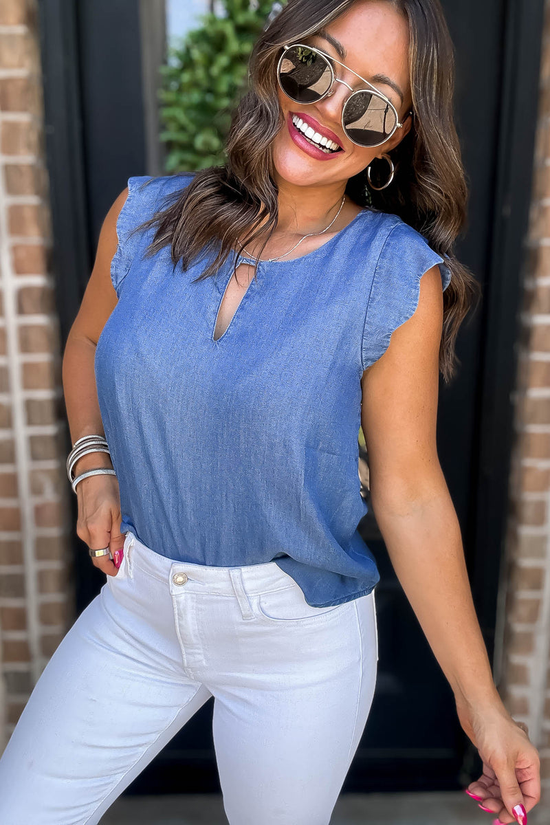 Scallop Cutout Keyhole Denim Top