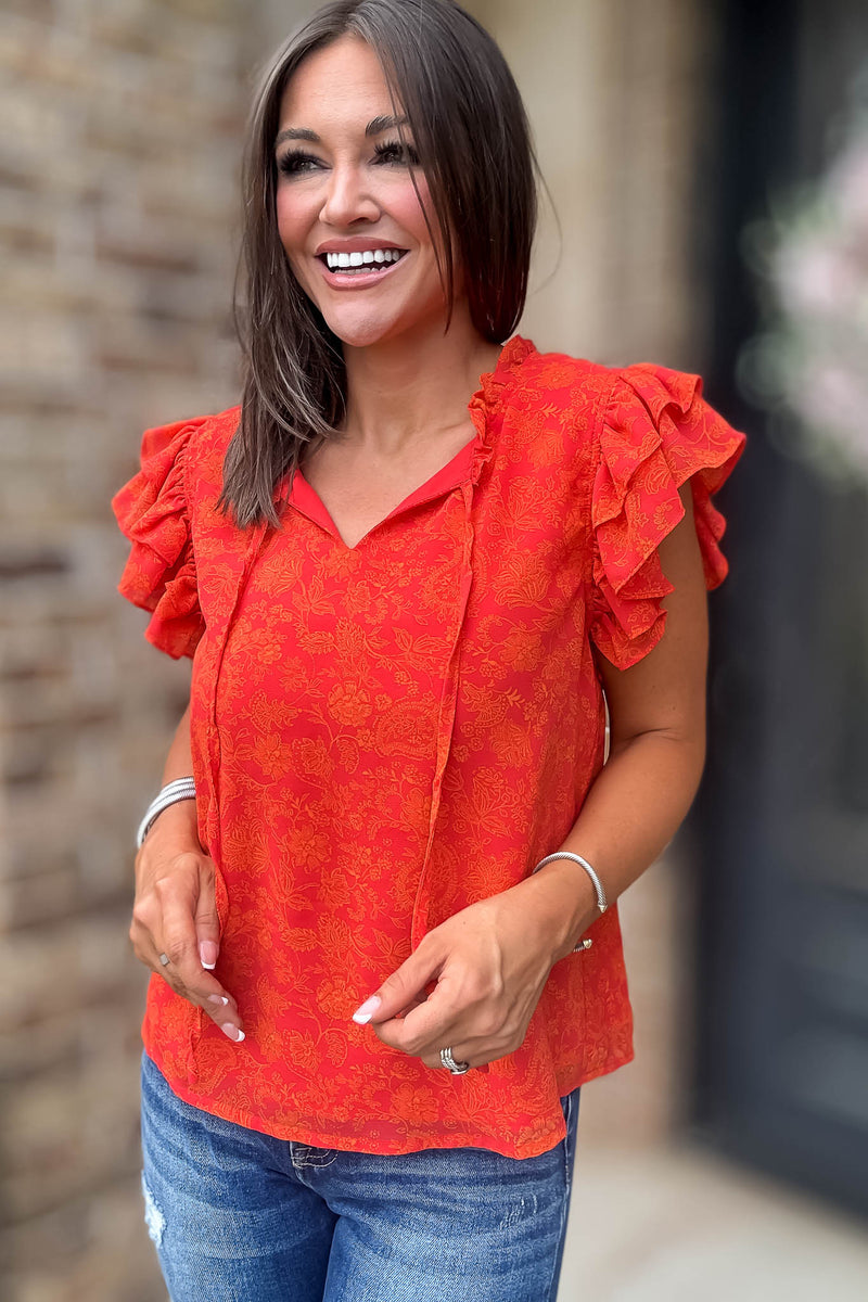 Floral Print Ruffle Sleeve V Neck Blouse Top