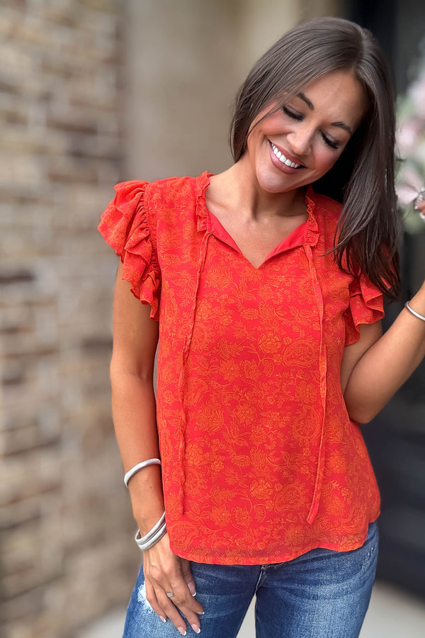 Floral Print Ruffle Sleeve V Neck Blouse Top