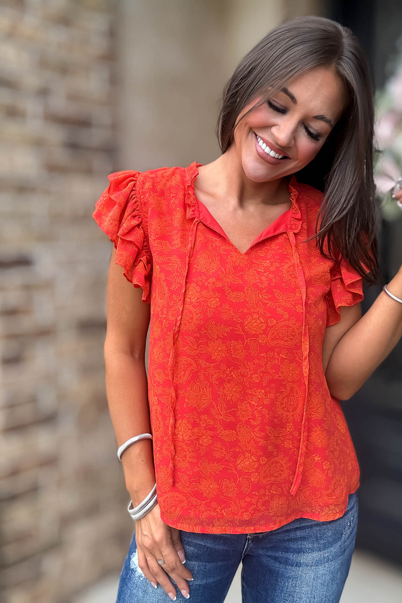 Floral Print Ruffle Sleeve V Neck Blouse Top