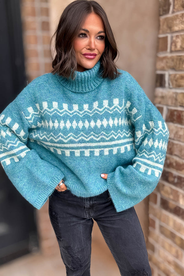 Turquoise Colorblock Turtle Neck Print Pullover Sweater