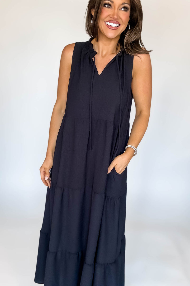 Solid Ruffled Neckline Black Maxi Dress