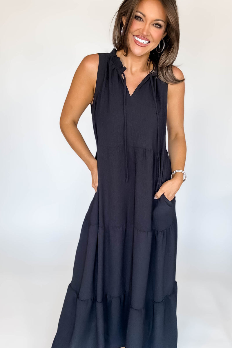 Solid Ruffled Neckline Black Maxi Dress