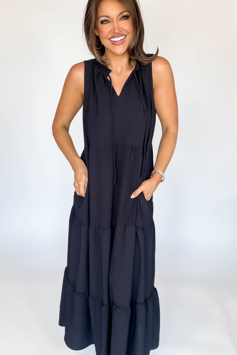 Solid Ruffled Neckline Black Maxi Dress