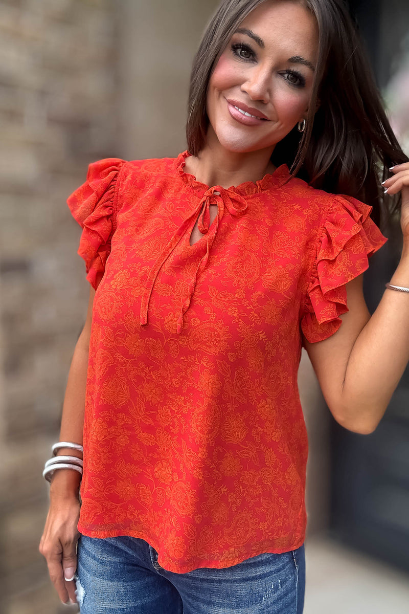 Floral Print Ruffle Sleeve V Neck Blouse Top