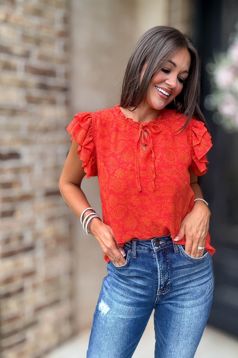 Floral Print Ruffle Sleeve V Neck Blouse Top