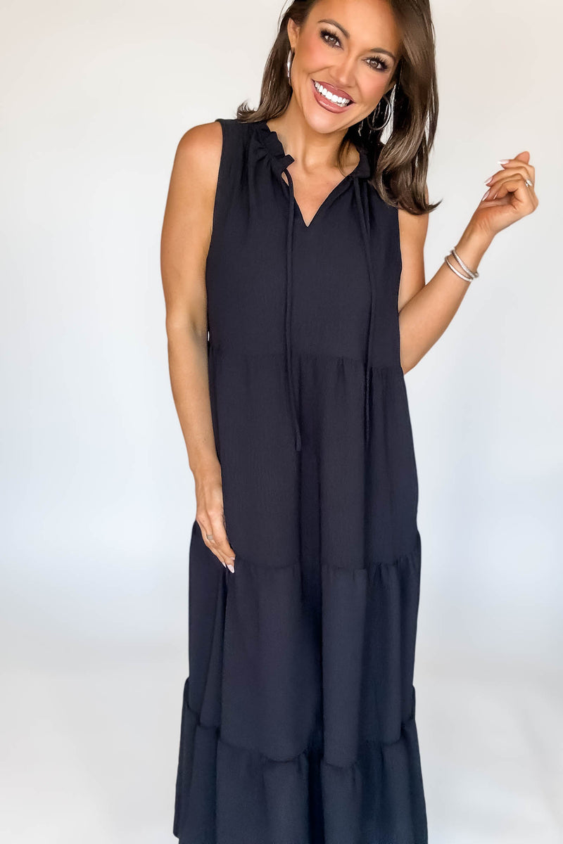 Solid Ruffled Neckline Black Maxi Dress