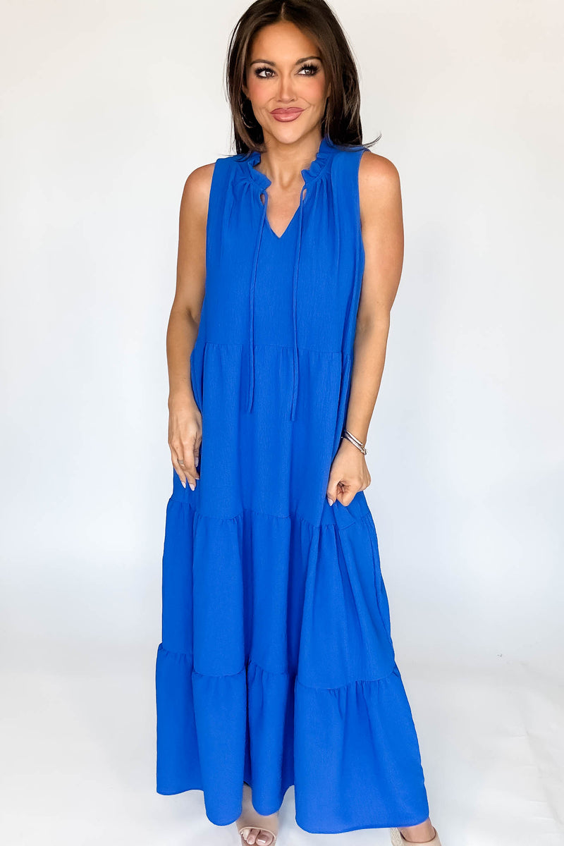 Solid Ruffled Neckline Cobalt Maxi Dress