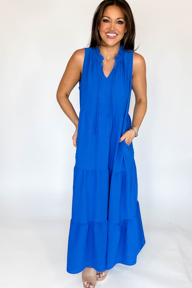 Solid Ruffled Neckline Cobalt Maxi Dress