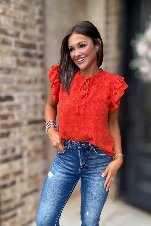 Floral Print Ruffle Sleeve V Neck Blouse Top