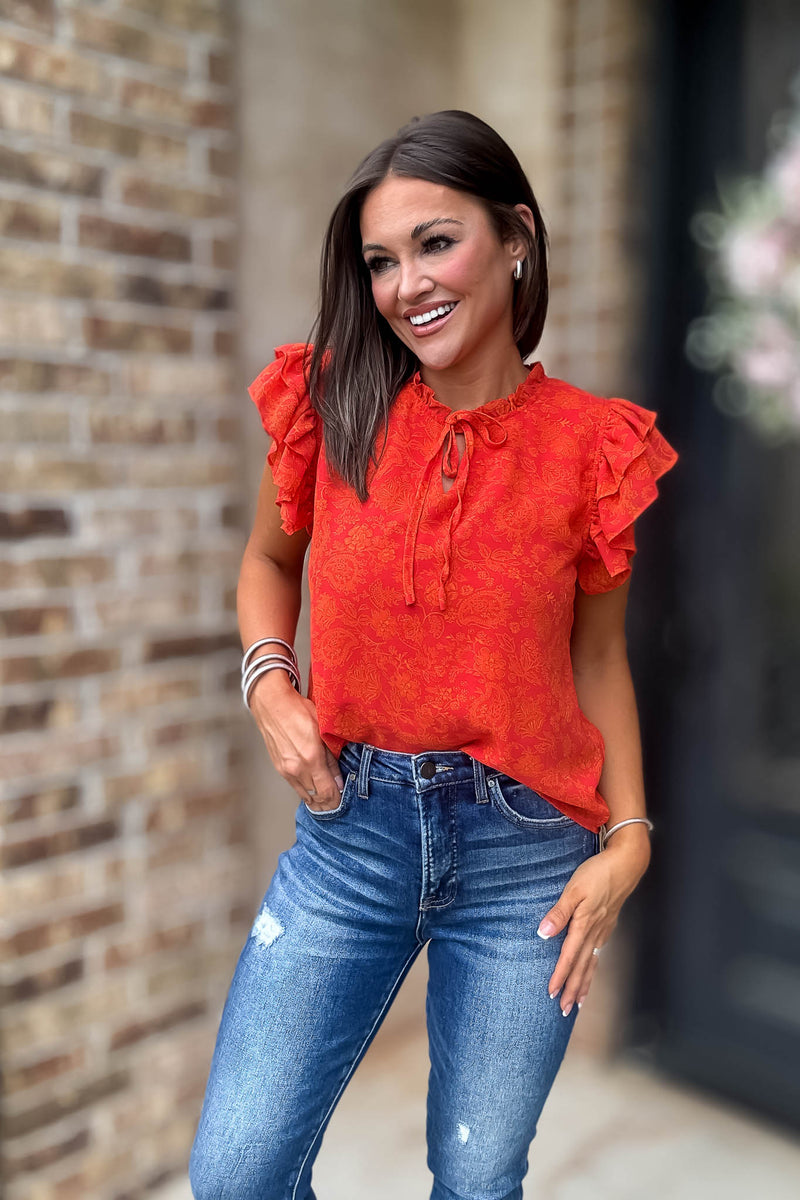 Floral Print Ruffle Sleeve V Neck Blouse Top