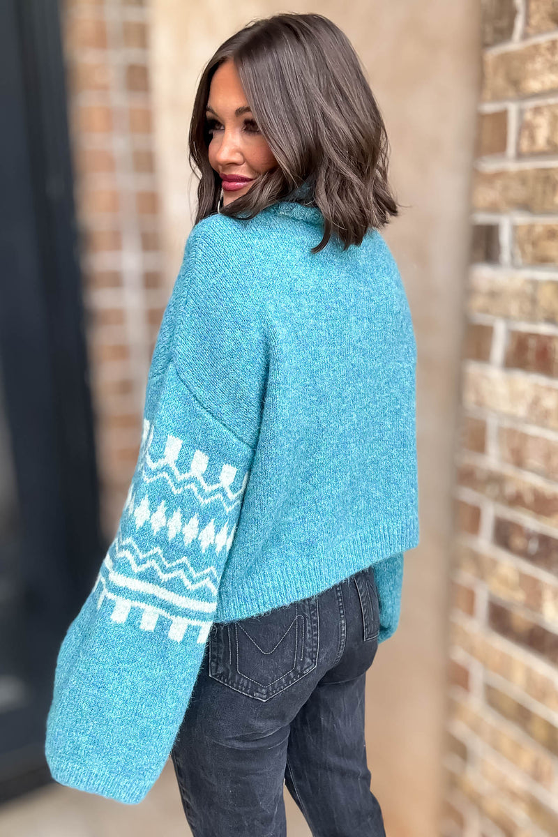 Turquoise Colorblock Turtle Neck Print Pullover Sweater