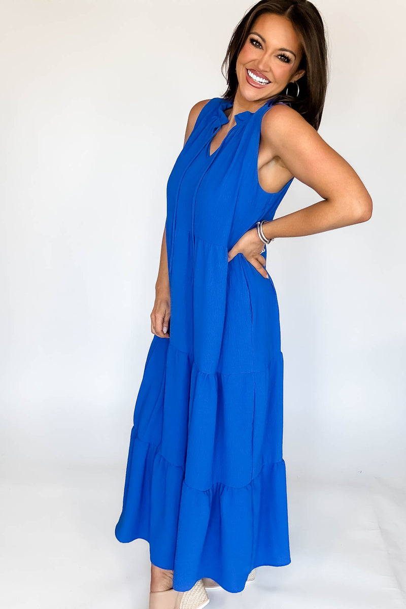 Solid Ruffled Neckline Cobalt Maxi Dress