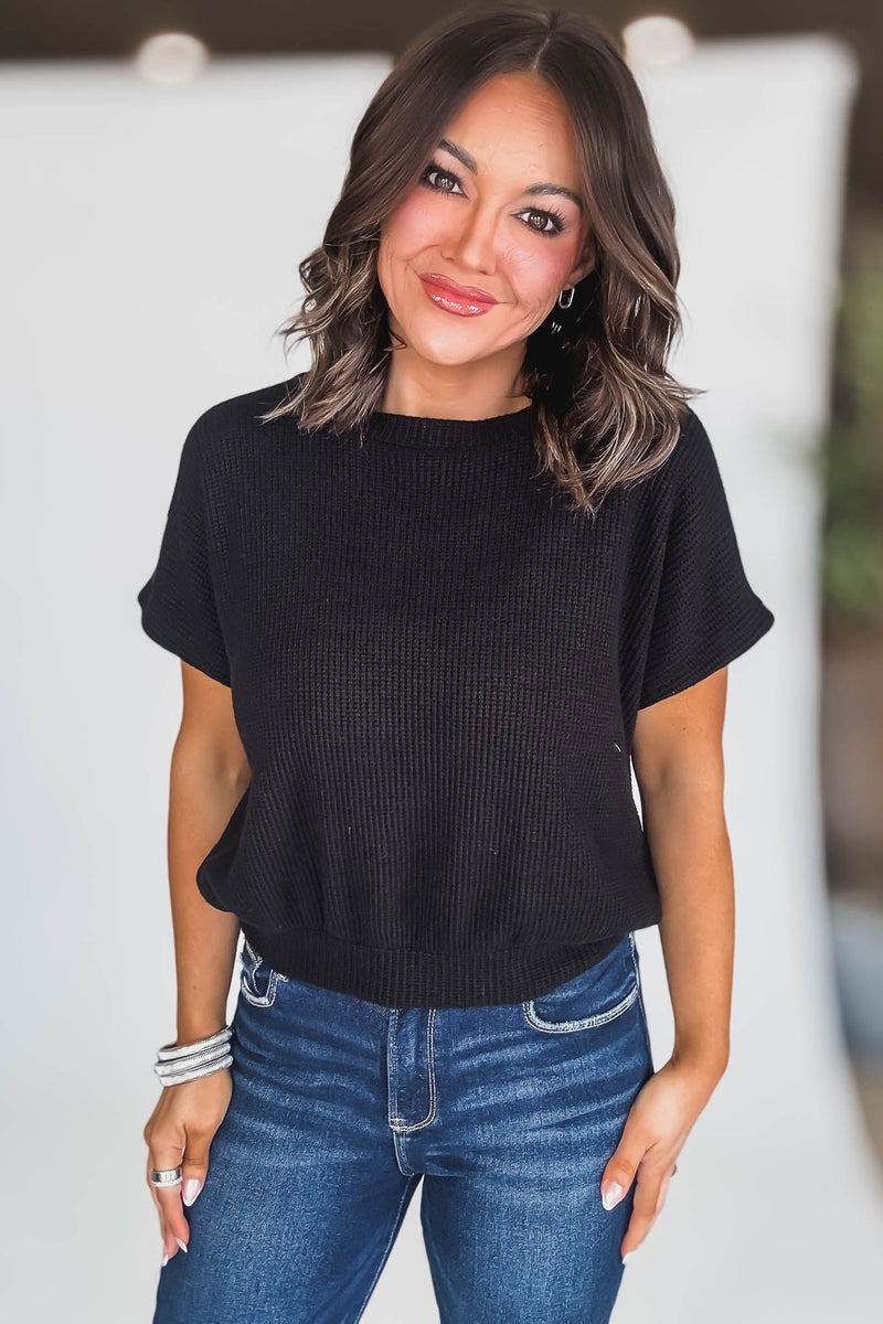 Round Neck Black Banded Botton Short Sleeve Sweater