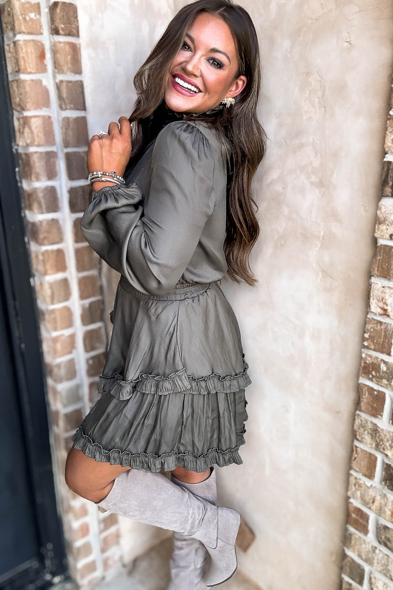 Olive Smock Neck Ruffle Dress