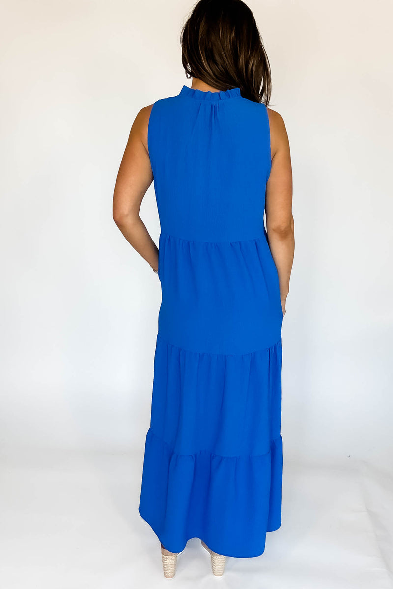 Solid Ruffled Neckline Cobalt Maxi Dress