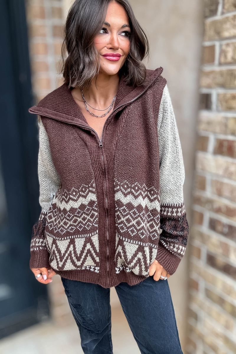 Brown Zipper Closure Front Pockets Print Sweater