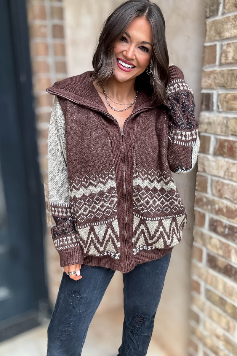 Brown Zipper Closure Front Pockets Print Sweater