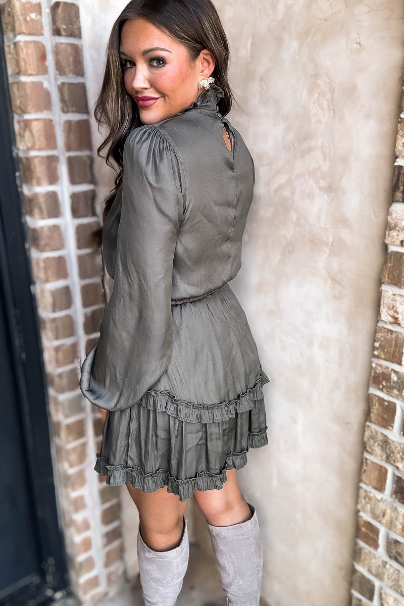 Olive Smock Neck Ruffle Dress