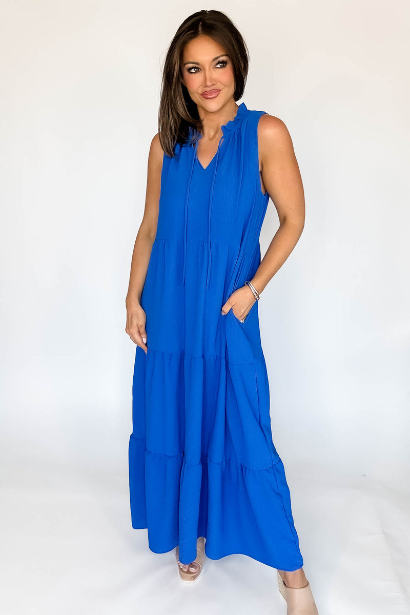 Solid Ruffled Neckline Cobalt Maxi Dress