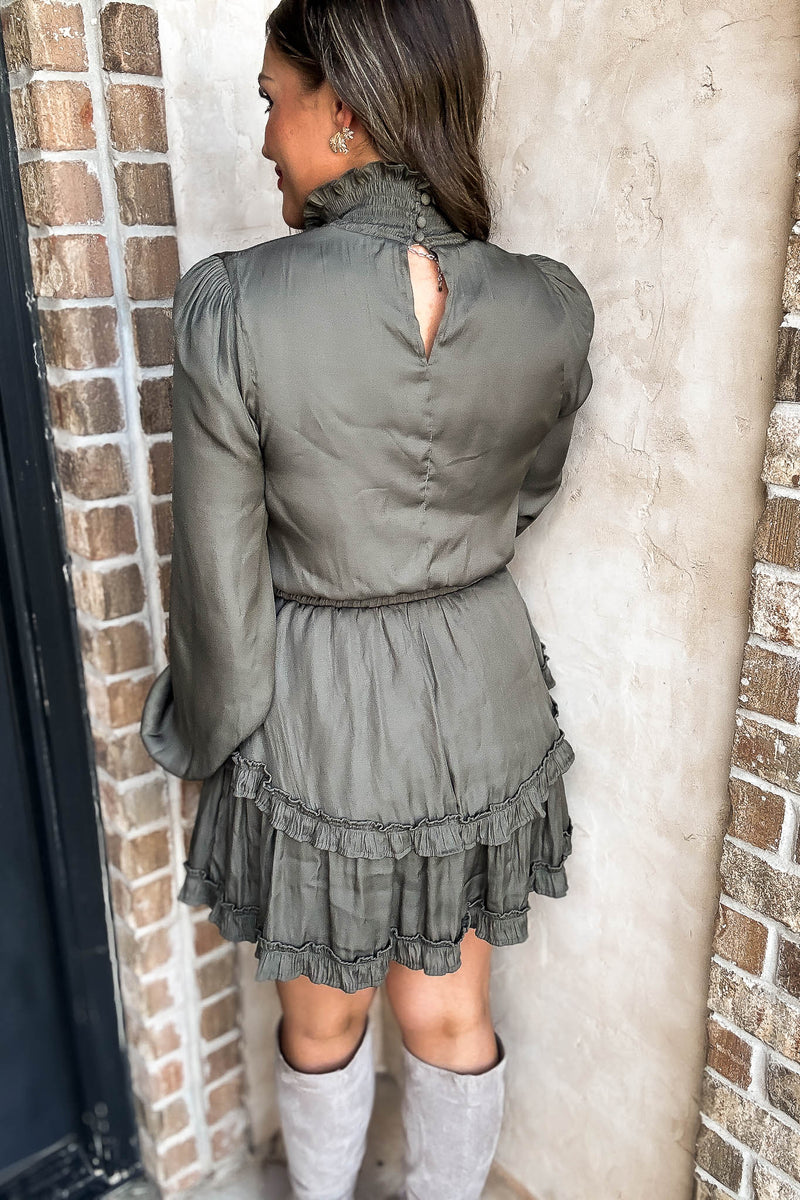 Olive Smock Neck Ruffle Dress