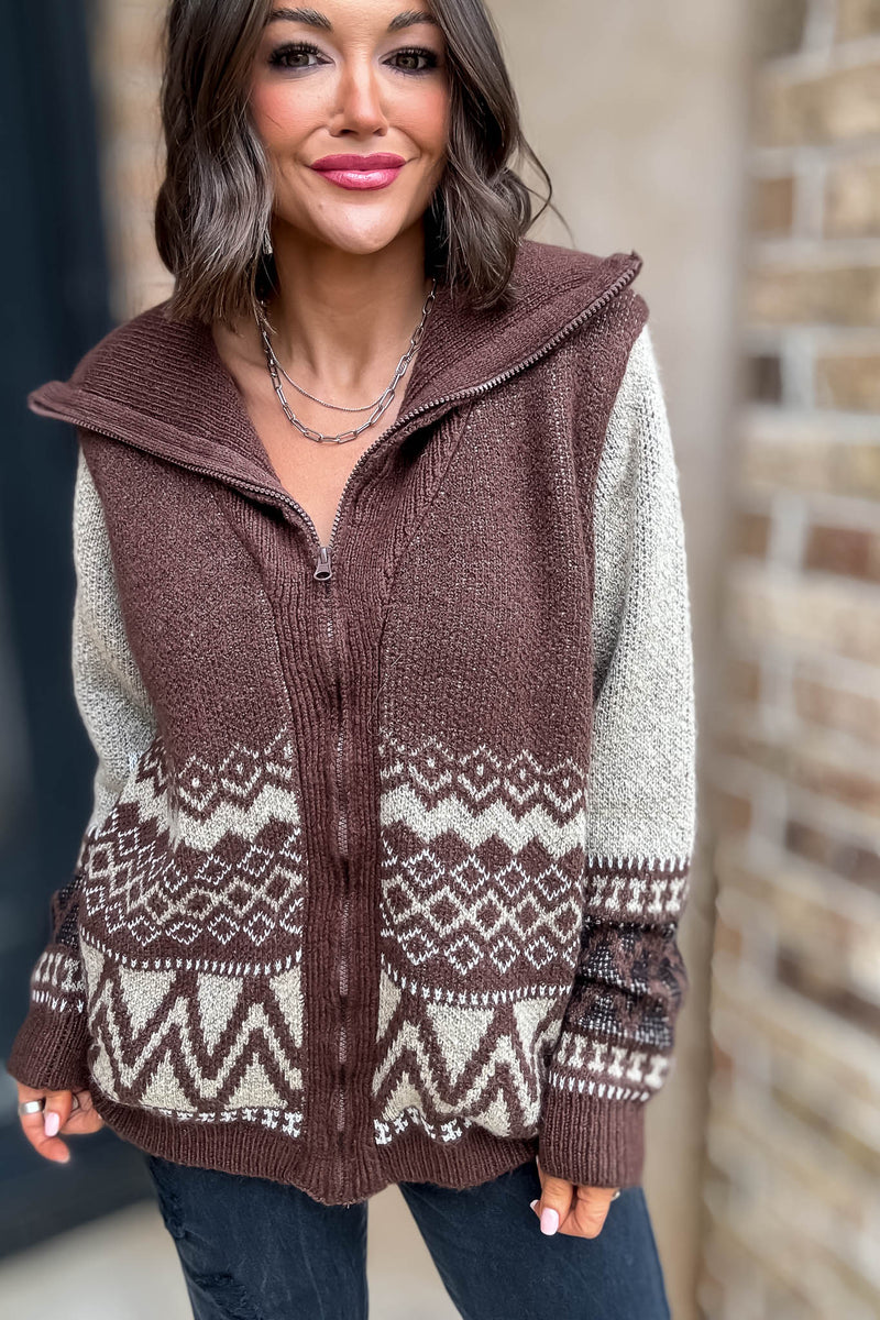 Brown Zipper Closure Front Pockets Print Sweater