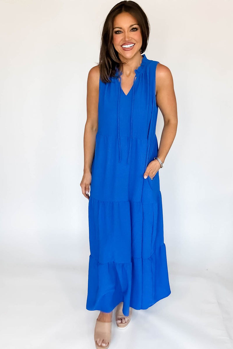 Solid Ruffled Neckline Cobalt Maxi Dress
