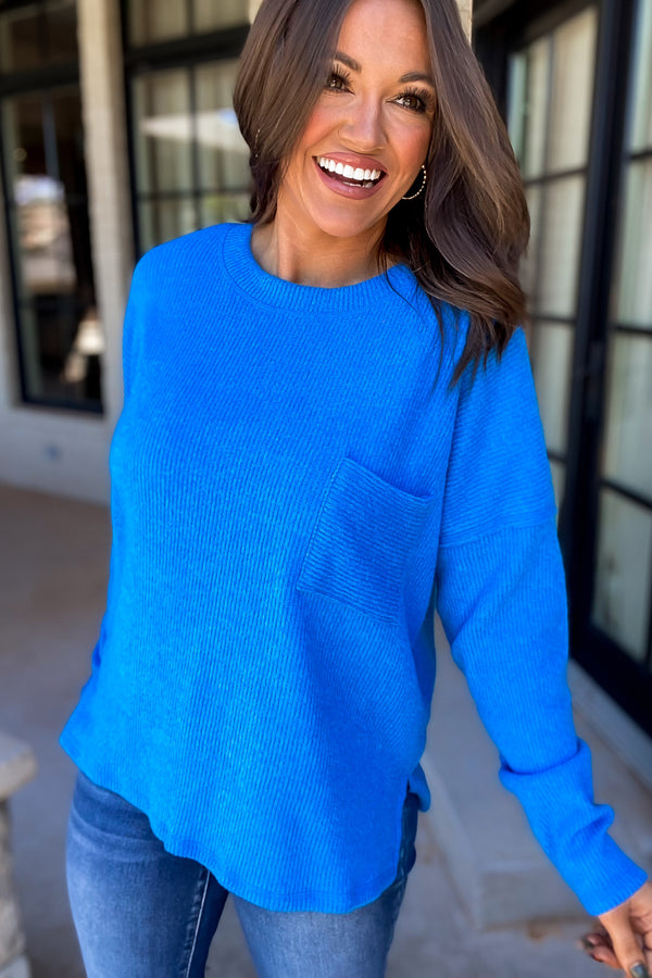 Just For You Ocean Blue Ribbed Brushed Top