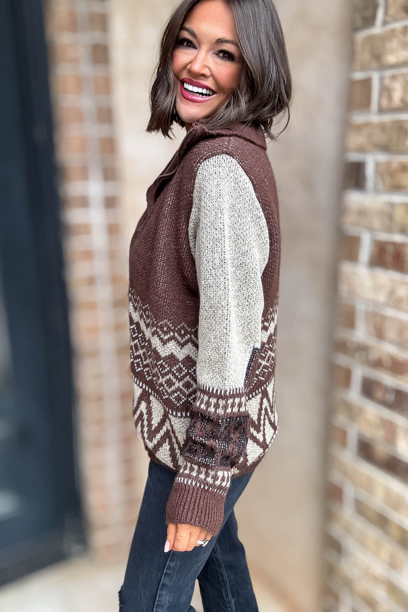 Brown Zipper Closure Front Pockets Print Sweater