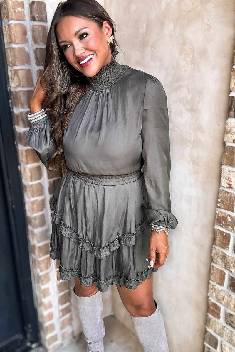Olive Smock Neck Ruffle Dress