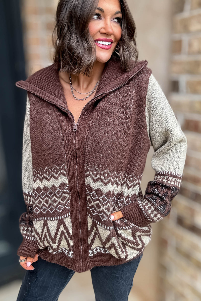 Brown Zipper Closure Front Pockets Print Sweater