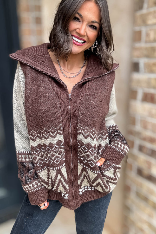Brown Zipper Closure Front Pockets Print Sweater