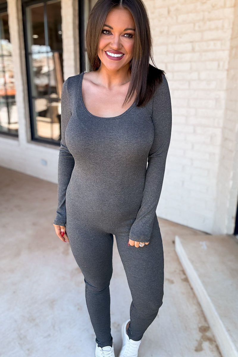 Scoop Neck Charcoal Ruching Detail Long Sleeve Cat Suit