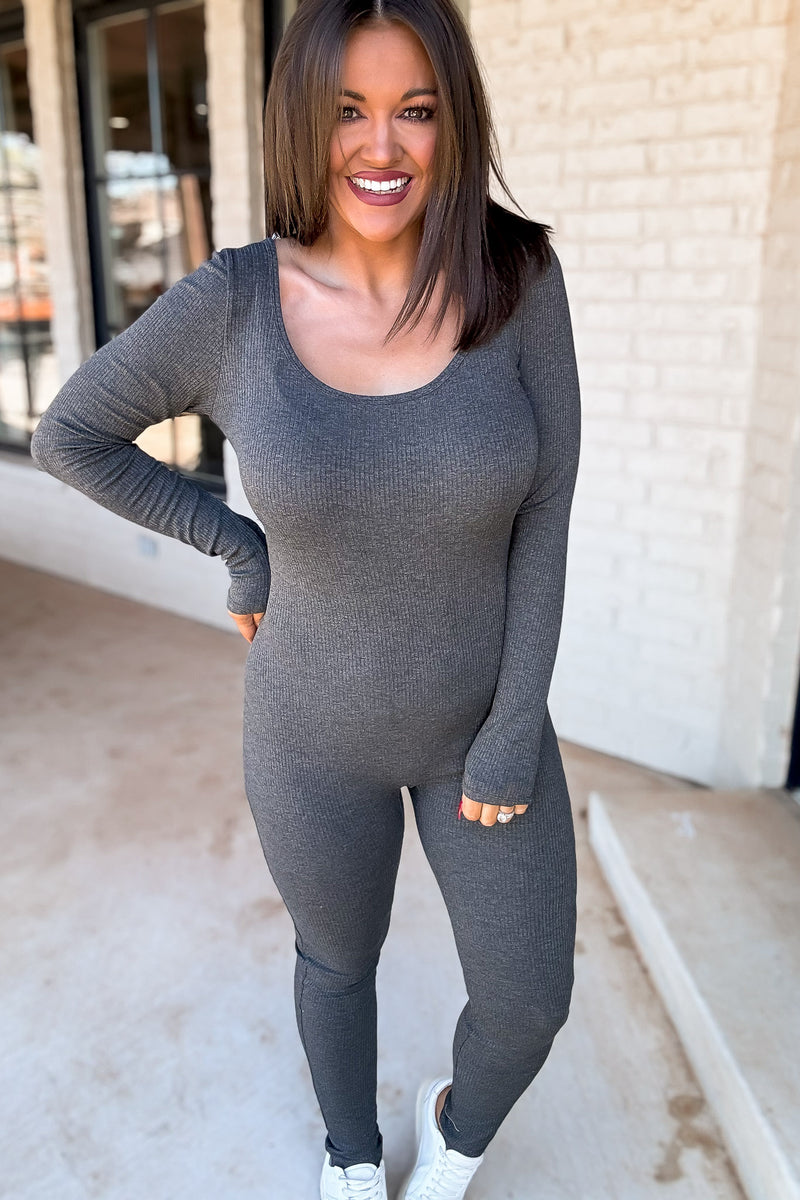 Scoop Neck Charcoal Ruching Detail Long Sleeve Cat Suit