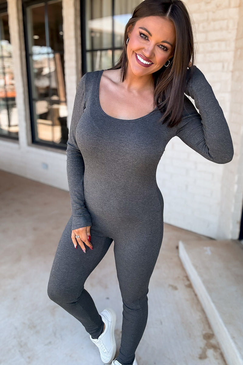 Scoop Neck Charcoal Ruching Detail Long Sleeve Cat Suit