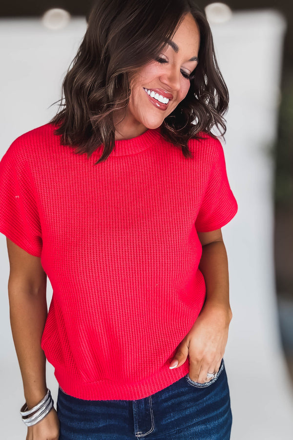 Round Neck Tomato Banded Botton Short Sleeve Sweater