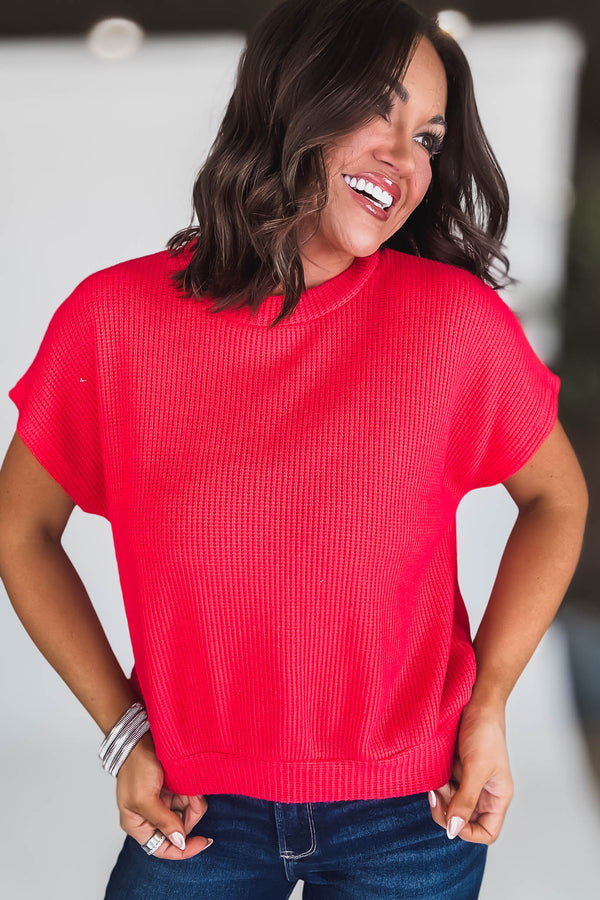 Round Neck Tomato Banded Botton Short Sleeve Sweater